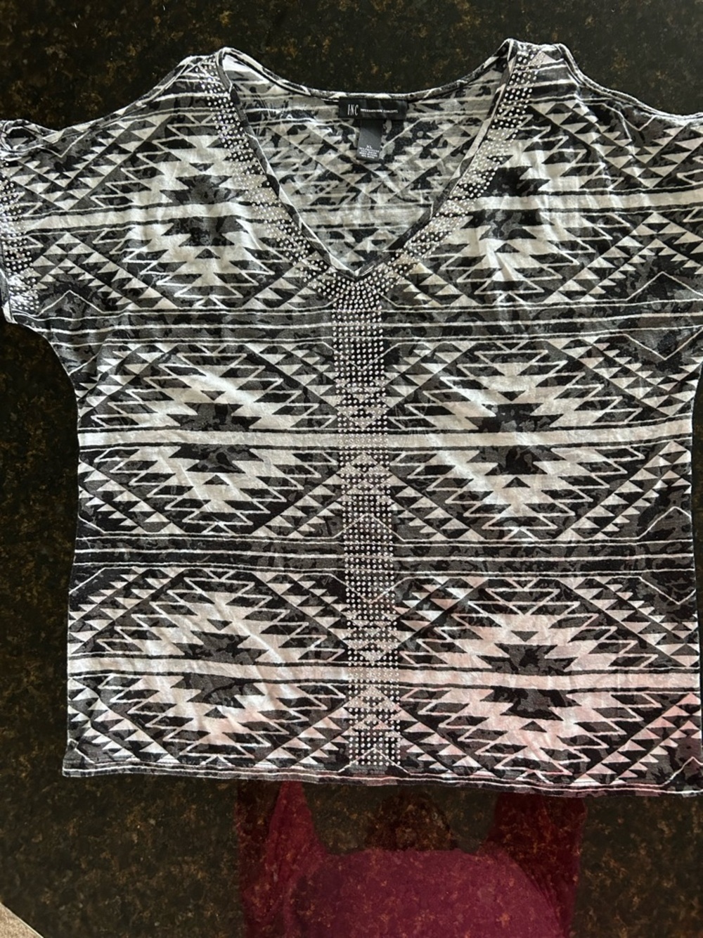 INC International Concepts Black & White Geometric V-Neck Cold Shoulder Top